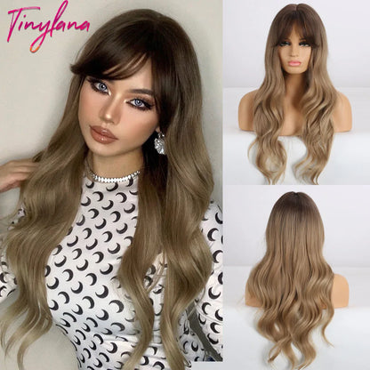 TINY LANA Synthetic Long Body Wave Hair Wigs Brown to Blonde Ombre Wig with Bangs for Women Natural Cosplay Heat Resistant Hair