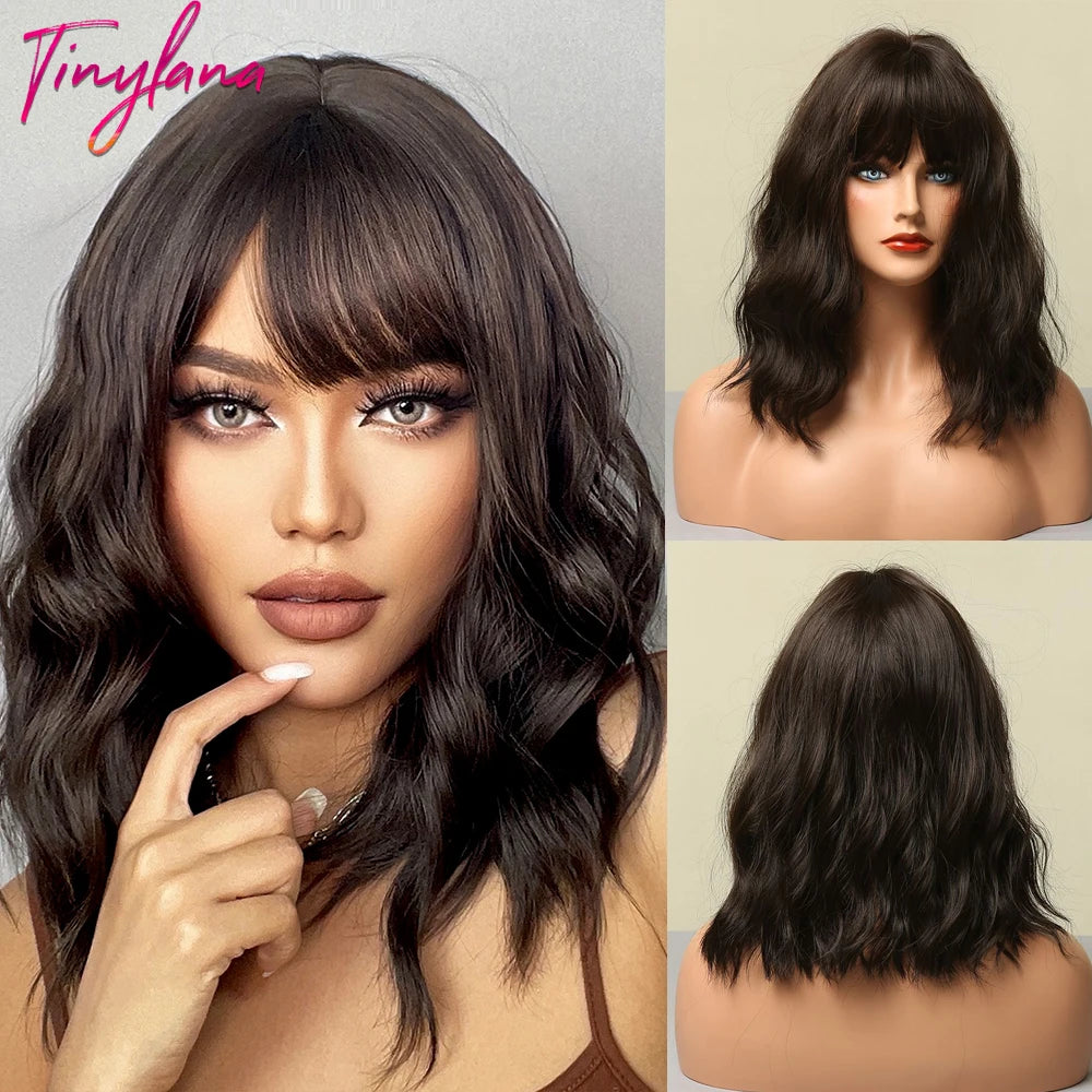 Short Bob Synthetic Wig Ombre Brown Wavy Hair Wigs With Bangs for Black Women Medium Cosplay Daily Natural Hair Heat Resistant