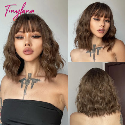 Short Bob Synthetic Wig Ombre Brown Wavy Hair Wigs With Bangs for Black Women Medium Cosplay Daily Natural Hair Heat Resistant