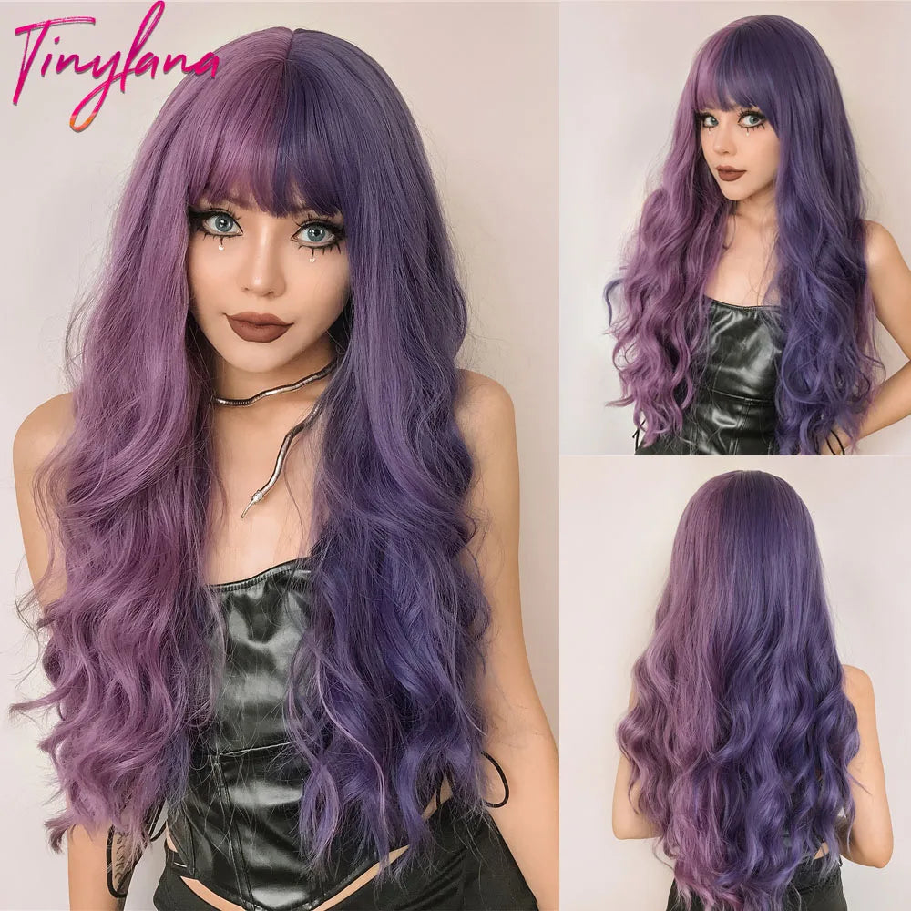 TINY LANA Synthetic Long Body Wave Hair Wigs Brown to Blonde Ombre Wig with Bangs for Women Natural Cosplay Heat Resistant Hair
