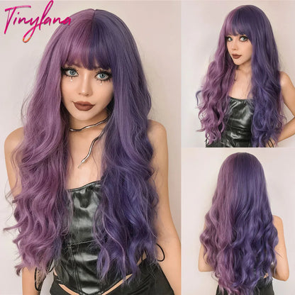 TINY LANA Synthetic Long Body Wave Hair Wigs Brown to Blonde Ombre Wig with Bangs for Women Natural Cosplay Heat Resistant Hair