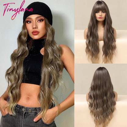 TINY LANA Synthetic Long Body Wave Hair Wigs Brown to Blonde Ombre Wig with Bangs for Women Natural Cosplay Heat Resistant Hair