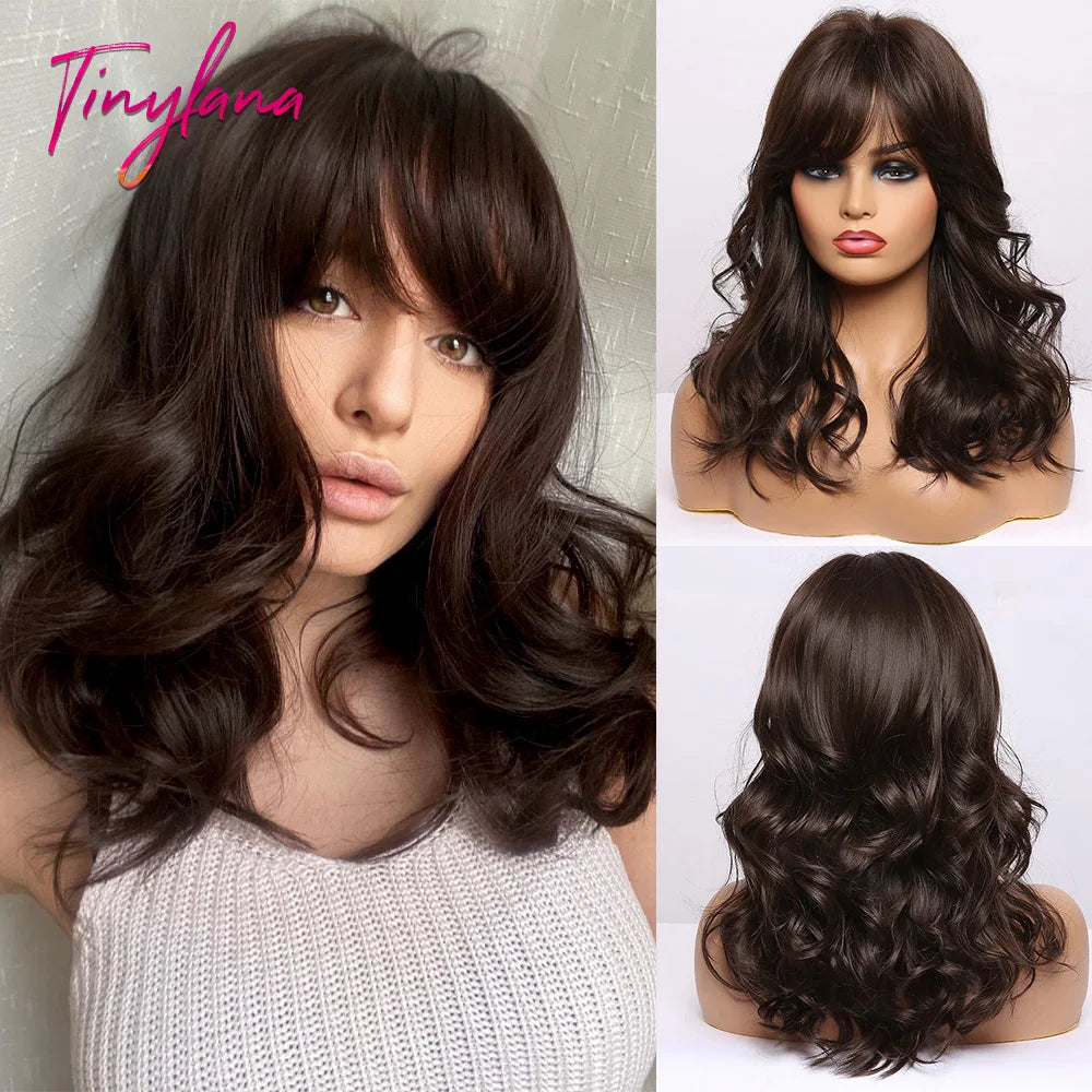 Short Bob Synthetic Wig Ombre Brown Wavy Hair Wigs With Bangs for Black Women Medium Cosplay Daily Natural Hair Heat Resistant