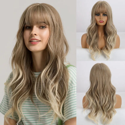 Short Bob Synthetic Wig Ombre Brown Wavy Hair Wigs With Bangs for Black Women Medium Cosplay Daily Natural Hair Heat Resistant
