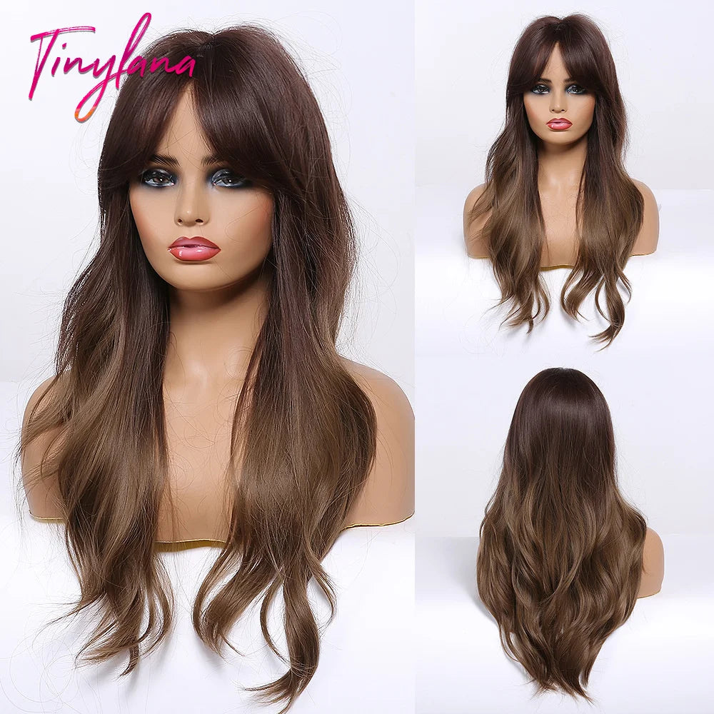 TINY LANA Synthetic Long Body Wave Hair Wigs Brown to Blonde Ombre Wig with Bangs for Women Natural Cosplay Heat Resistant Hair