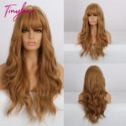 TINY LANA Synthetic Long Body Wave Hair Wigs Brown to Blonde Ombre Wig with Bangs for Women Natural Cosplay Heat Resistant Hair