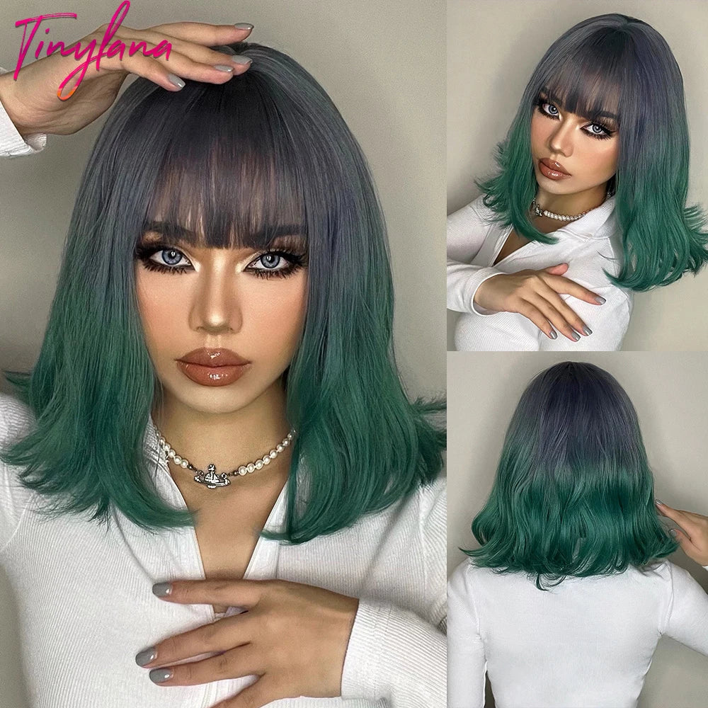 Short Bob Synthetic Wig Ombre Brown Wavy Hair Wigs With Bangs for Black Women Medium Cosplay Daily Natural Hair Heat Resistant