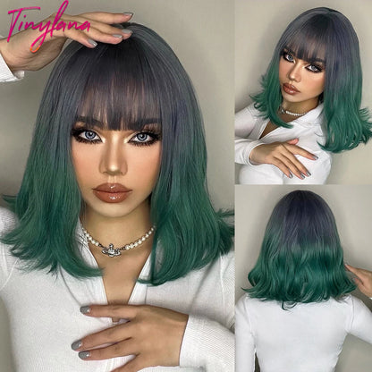 Short Bob Synthetic Wig Ombre Brown Wavy Hair Wigs With Bangs for Black Women Medium Cosplay Daily Natural Hair Heat Resistant