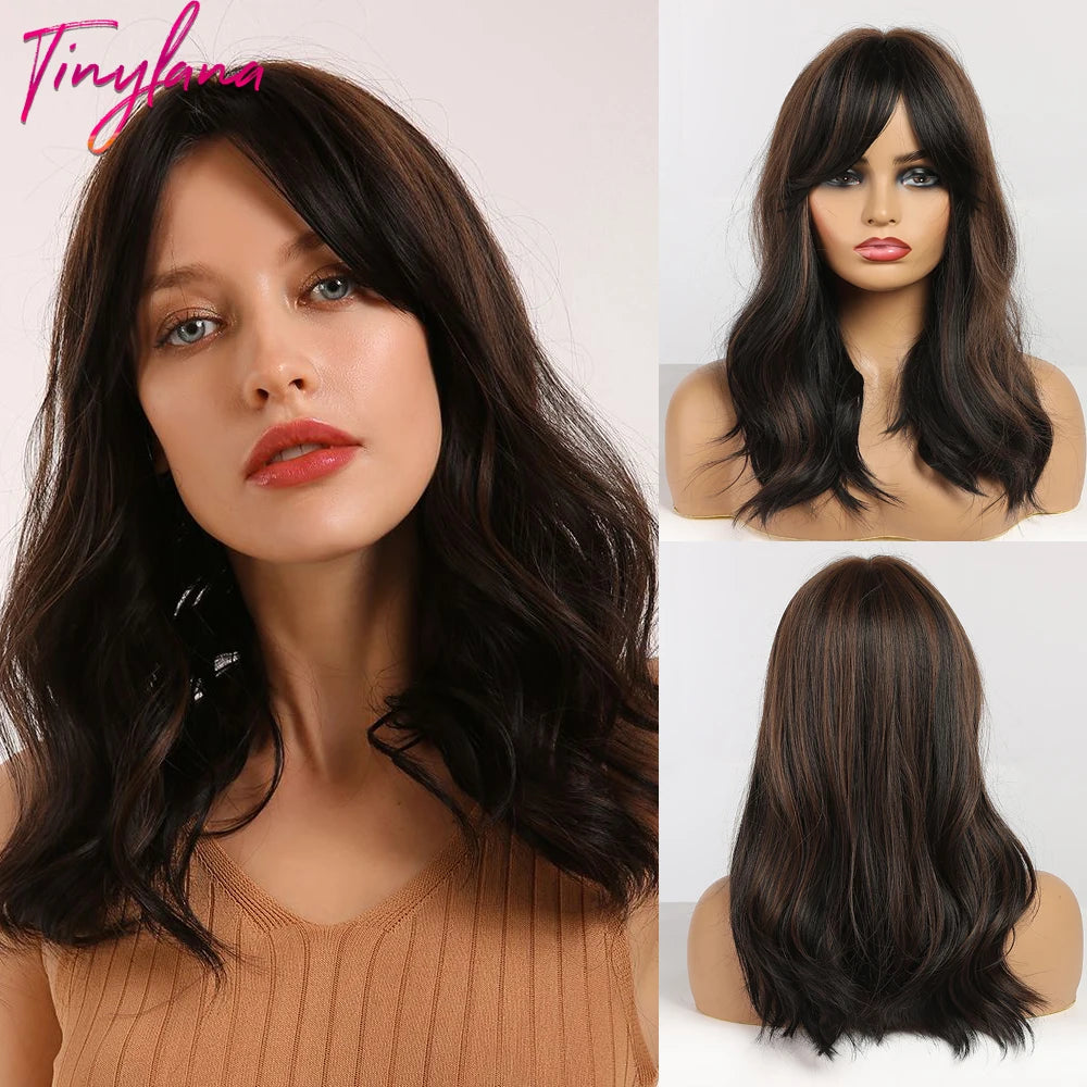 Short Bob Synthetic Wig Ombre Brown Wavy Hair Wigs With Bangs for Black Women Medium Cosplay Daily Natural Hair Heat Resistant