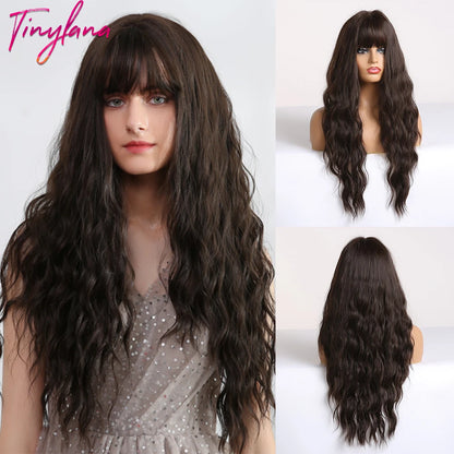 TINY LANA Synthetic Long Body Wave Hair Wigs Brown to Blonde Ombre Wig with Bangs for Women Natural Cosplay Heat Resistant Hair
