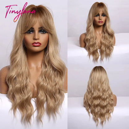 TINY LANA Synthetic Long Body Wave Hair Wigs Brown to Blonde Ombre Wig with Bangs for Women Natural Cosplay Heat Resistant Hair