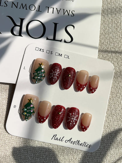 Handmade Short Almond Press On Nails Red Glitter Christmas False Nails Rhinestone Christmas Tree Snowflake Design Reusable 10Pcs