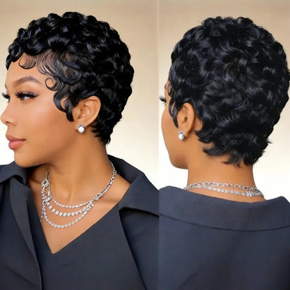Premium 100% Brazilian Human Hair Wig,6 Inch Natural Black Layered Straight Pixie Bob Wig Full Machine Made Hairpiece