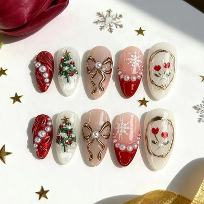 24PCS Christmas Red Almond Press on Nails Sweet 3D Gingerbread Man Xmas Tree Snowflake Design False Nails Wearable Acrylic Nails