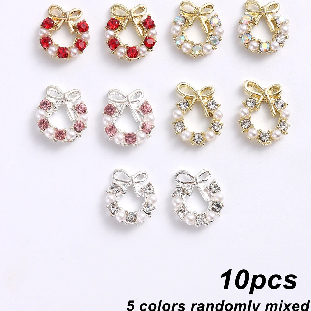 3D Christmas Nail Art Charms; Gold & Silver Bows and Wreaths; Cute Winter Designs for DIY Manicures and Salon Accessories