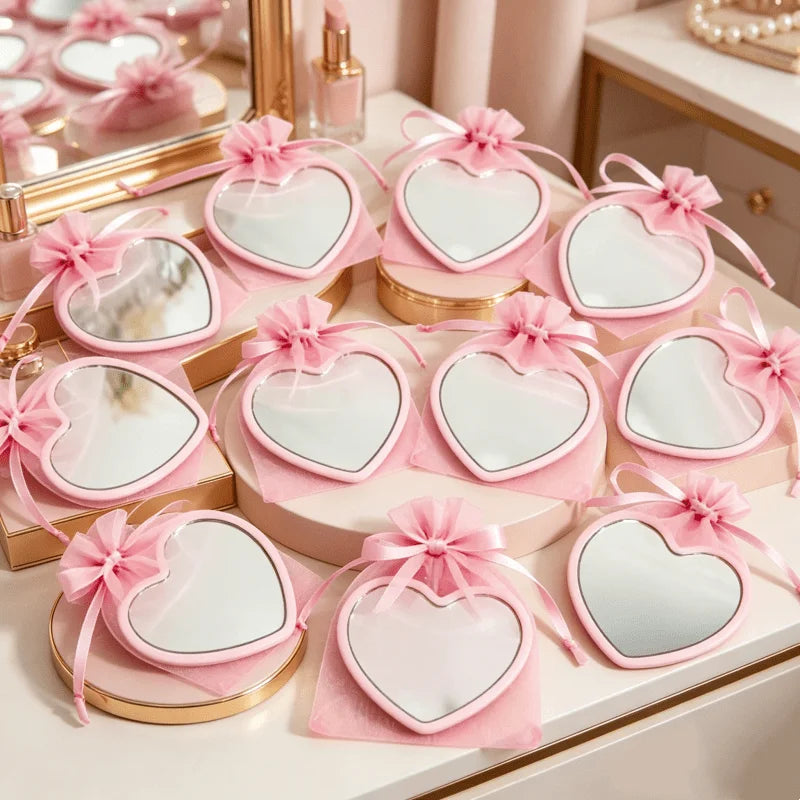 15 Pieces Set Heart Shaped Mini Mirrors with Pink Storage Bag Perfect for Travel Wedding Gifts and Korean Skincare Routines