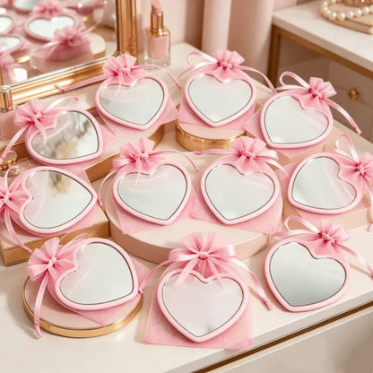 15 Pieces Set Heart Shaped Mini Mirrors with Pink Storage Bag Perfect for Travel Wedding Gifts and Korean Skincare Routines