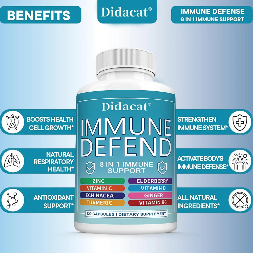 8 in 1 Immune Defense Support, Immunity Capsules Supplement with Echinacea, Vitamin C, D, Turmeric Curcumin & Ginger