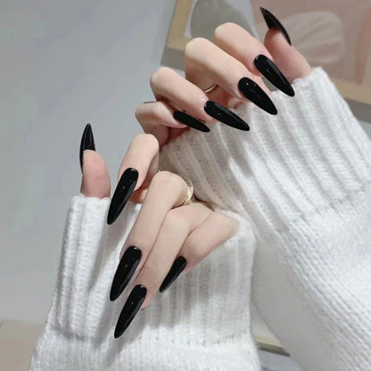 24pcs Pure Black Fake Nails Almond Fashion Charm Manicure Reusable False Nails For Spicy Girls Wearable Press On Nail Patch