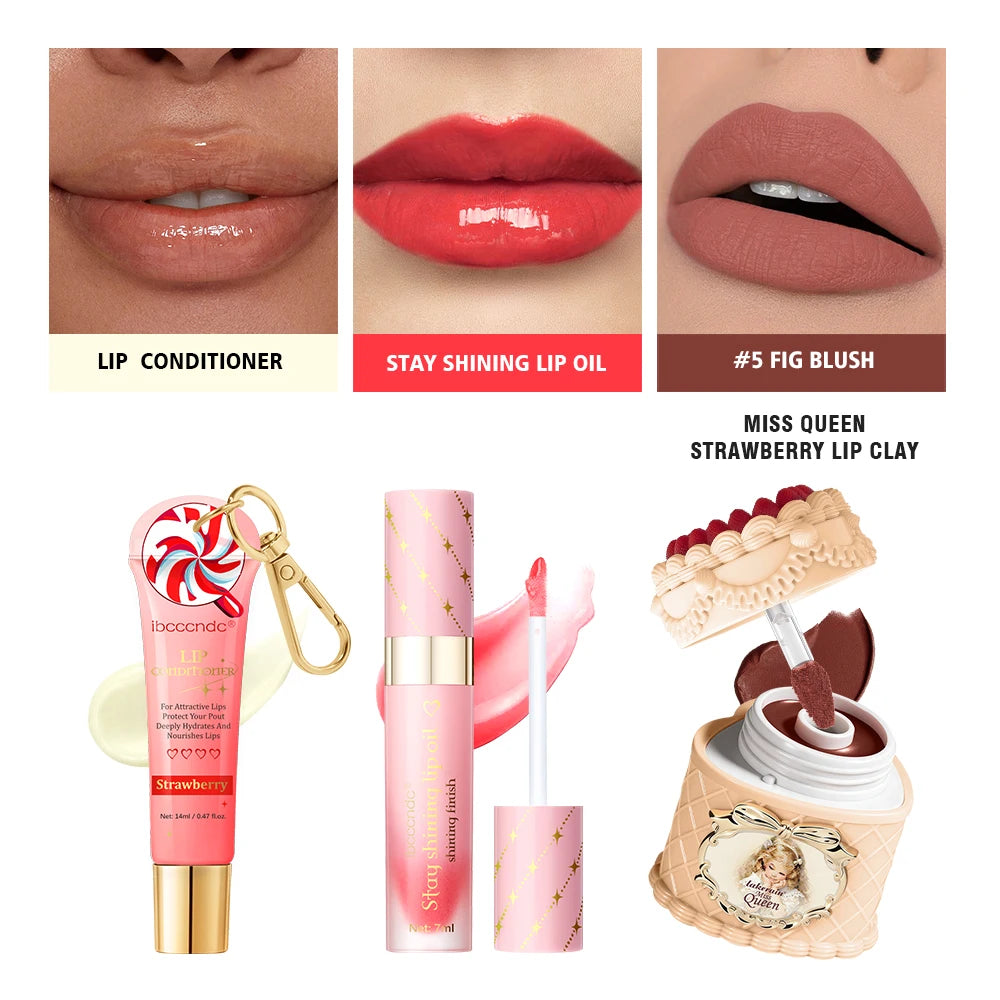 Christmas Limited 2‑in‑1 Lip Gift Set Strawberry Cake Mousse Matte Lip Mud Santa Red Velvet Pouch Lip Balm Lip Oil 7 Shades