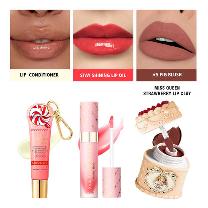 Christmas Limited 2‑in‑1 Lip Gift Set Strawberry Cake Mousse Matte Lip Mud Santa Red Velvet Pouch Lip Balm Lip Oil 7 Shades