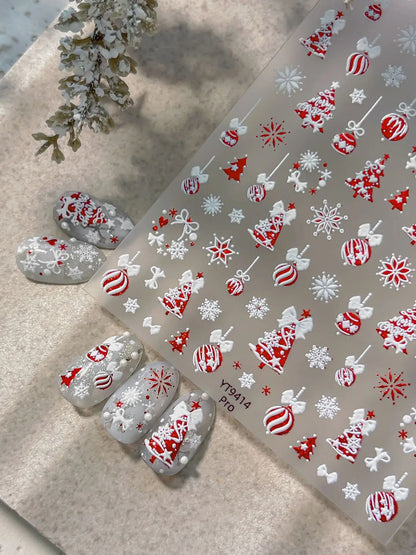 Tender Blue Christmas Tree Hanging Ball Ribbon Gold Star Snowflakes Bowknot Ring Adhesive Nail Charms Art Sticker Manicure Decal
