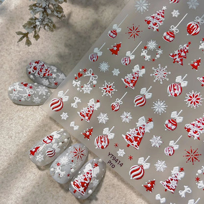 Tender Blue Christmas Tree Hanging Ball Ribbon Gold Star Snowflakes Bowknot Ring Adhesive Nail Charms Art Sticker Manicure Decal