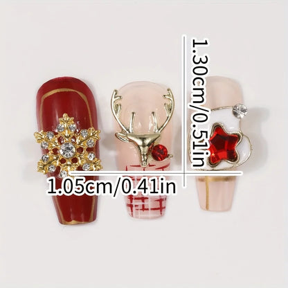 12 Grids Christmas Alloy Nail Charms Mixed Santa Hat Reindeer Snowflake Candy Cane 3D Rhinestone Enamel Ornaments Holiday DIY Nail Decor
