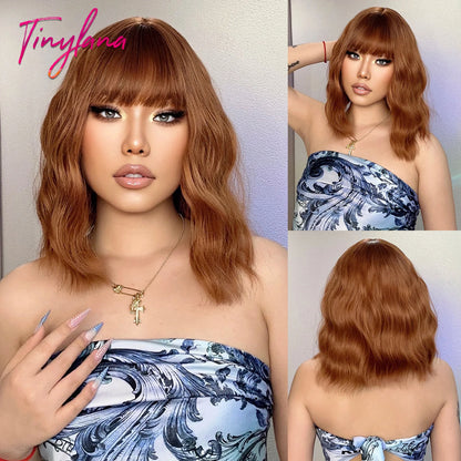 Curly Short Bob Brown Wavy Synthetic Wigs with Bangs Lolita Cosplay Brown Wig for Women Natural Daily Party Hair Heat Resistant