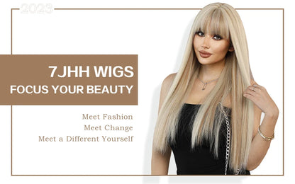 Long Straight Light Blonde Wig for Women Daily Party Highlight Brown Synthetic Layered Hair Wigs with Bangs Halloween Cosplay