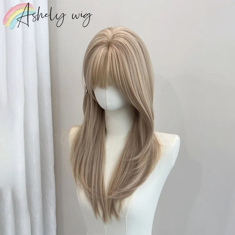 Blonde Wig with Bangs 22inch Medium Straight Hair Wig for Women Soft Natural Heat Resistant Fibers Synthetic Wigs 가발  Peluca