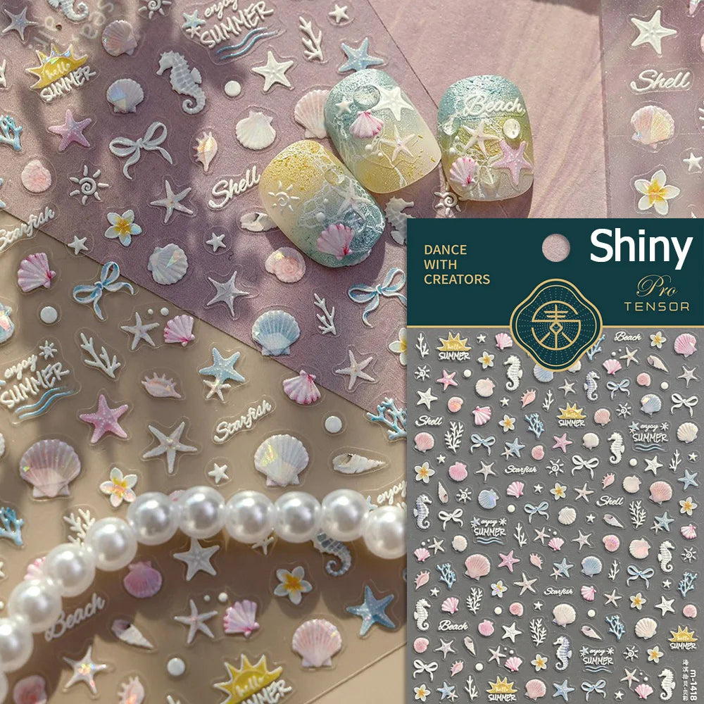 Gold Stamped Shell Conch Scallop Starfish Pearl 5D Embossed Self Adhesive Nail Art Stickers Delicate Ocean Style Manicure Decals