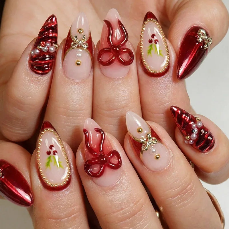 24Pcs Christmas Mid-length Almond Fake Nail Acrylic Full Cover Golden Snowflake Bow Nail Set Press on Red Gradient False Nails