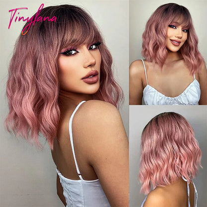 Curly Short Bob Brown Wavy Synthetic Wigs with Bangs Lolita Cosplay Brown Wig for Women Natural Daily Party Hair Heat Resistant
