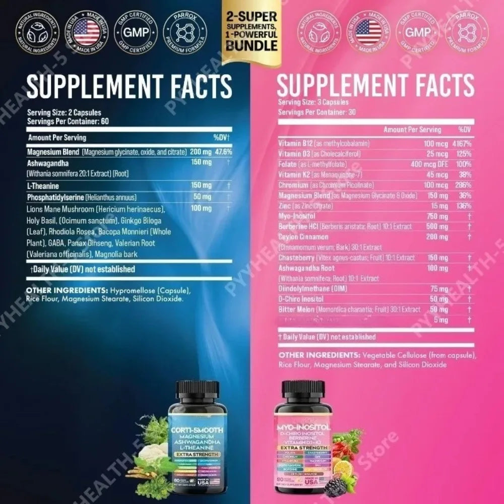 Cortisol & Myo-Inositol Supplement Bundle, Soothe & Smooth Bundle, 13-in-1 Cortisol Balance, Magnesium, Ashwagandha, L-Theanine