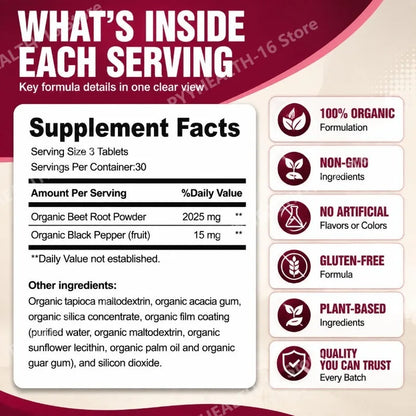 Beet Root Tablets 2040mg Per Serving with Organic Black Pepper for Energy, Endurance & Circulation Support, Non-GMO, 90 Count