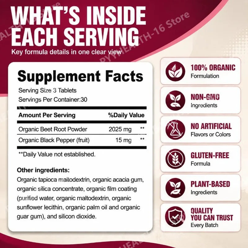 Beet Root Tablets 2040mg Per Serving with Organic Black Pepper for Energy, Endurance & Circulation Support, Non-GMO, 90 Count