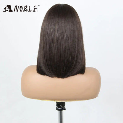 Noble Synthetic Lace Front Wigs For Women 12 Inch Pre Plucked Pre-Cut Ombre Brown Blonde Straight Layered Bob Wig Cosplay Wig