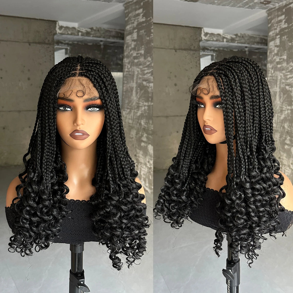 Synthetic Braided Wigs Lace Closure Wigs Curly Ends Box Braided 4x4 Lace Wig with Baby Hair for Black Women Afro Braiding Wigs