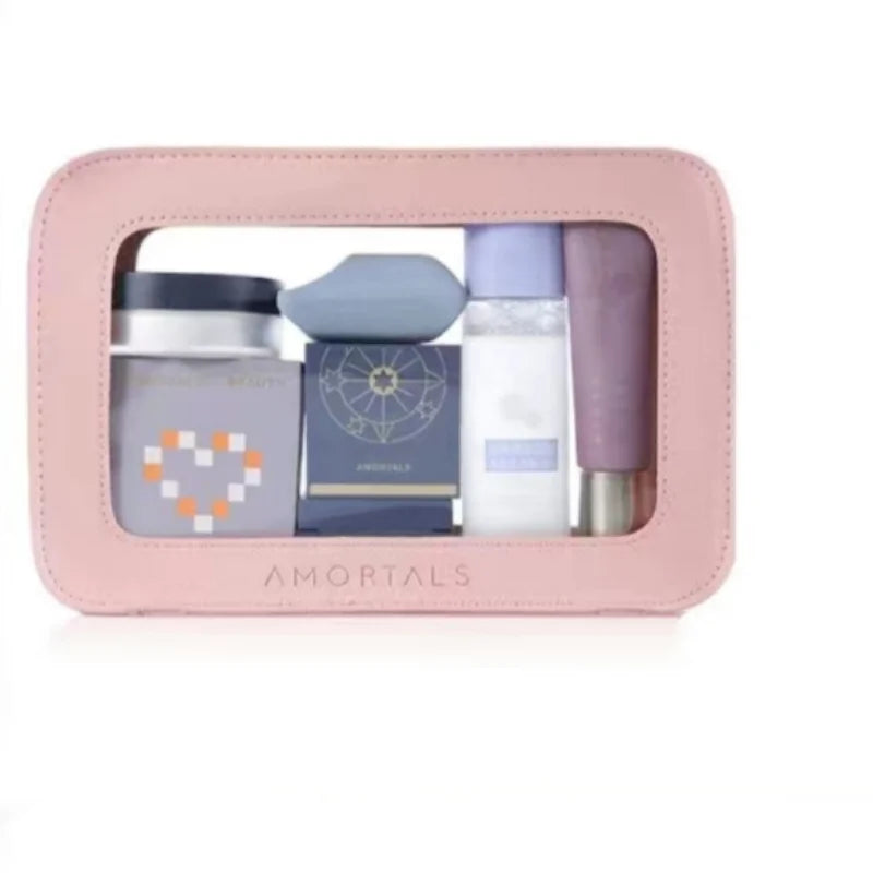 LUSQI Minimalist Transparent PVC Waterproof Cosmetic Leather Makeup Bag Travel Portable Toiletry Bag