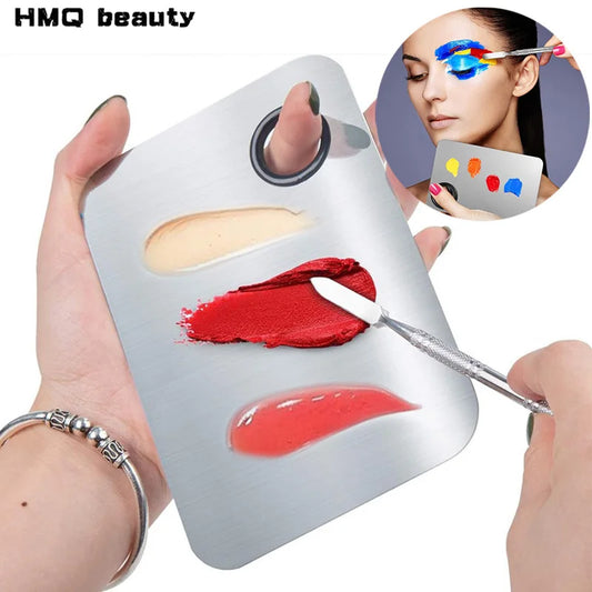 Stainless Steel Makeup Mixing Palette with Foundatio Spatula for Watercolor Paints Eye Shadow Sticks Makeup Cosmetic Beauty Tool