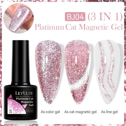 LILYCUTE 7ML 3 IN 1 Platinum Cat Magnetic Gel Nail Polish Silver Moonlight Magnetic Nail Sparkling Glitter Semi Permanent UV Gel