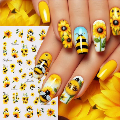 Bee Sunflower Floral Nail Art Stickers with Yellow Daisy Flower Garden Nail Decals Self-Adhesive Sliders DIY Nail Supplies