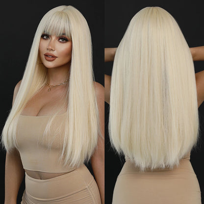 Long Straight Light Blonde Wig for Women Daily Party Highlight Brown Synthetic Layered Hair Wigs with Bangs Halloween Cosplay