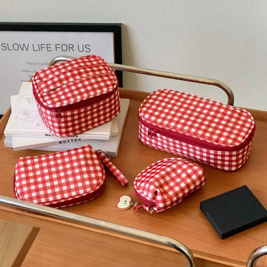 High Quality Red Grid Makeup Bag Multi-size Portable Toiletry Bag Cosmetic Pouch Women Cosmetic Bags & Cases
