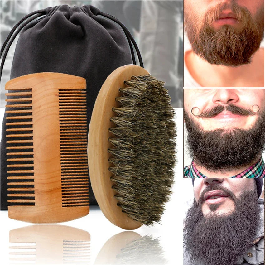 Soft Boar Bristle Wood Beard Brush Hairdresser Shaving Tool Men's Mustache Comb Kit With Bag Beard Hair Comb Set