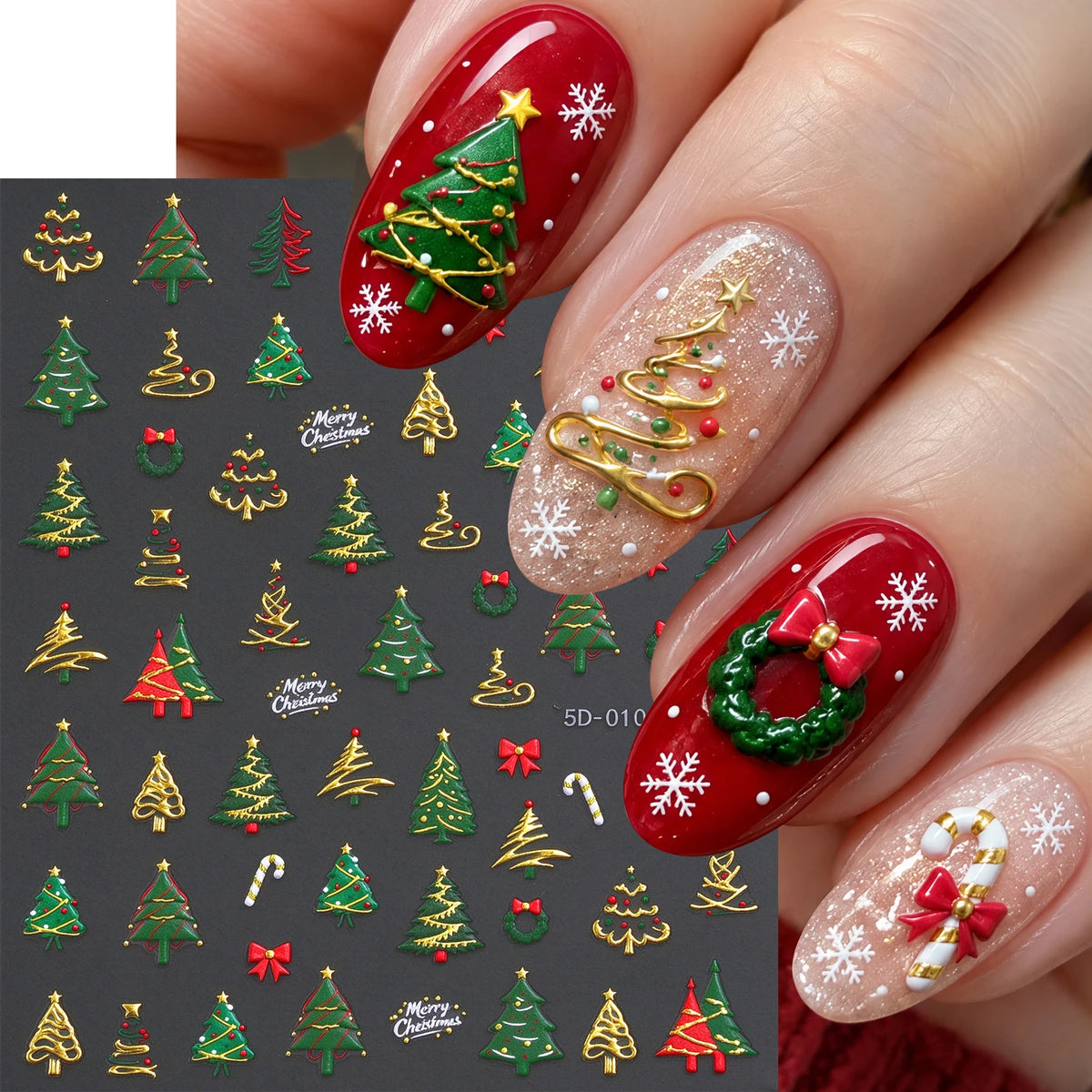 1pcs Gold-foiled Christmas Tree 5D Nail Stickers Bow Holly Snowflake Wreath Christmas Nail Decals Cartoon Merry Christmas Decora