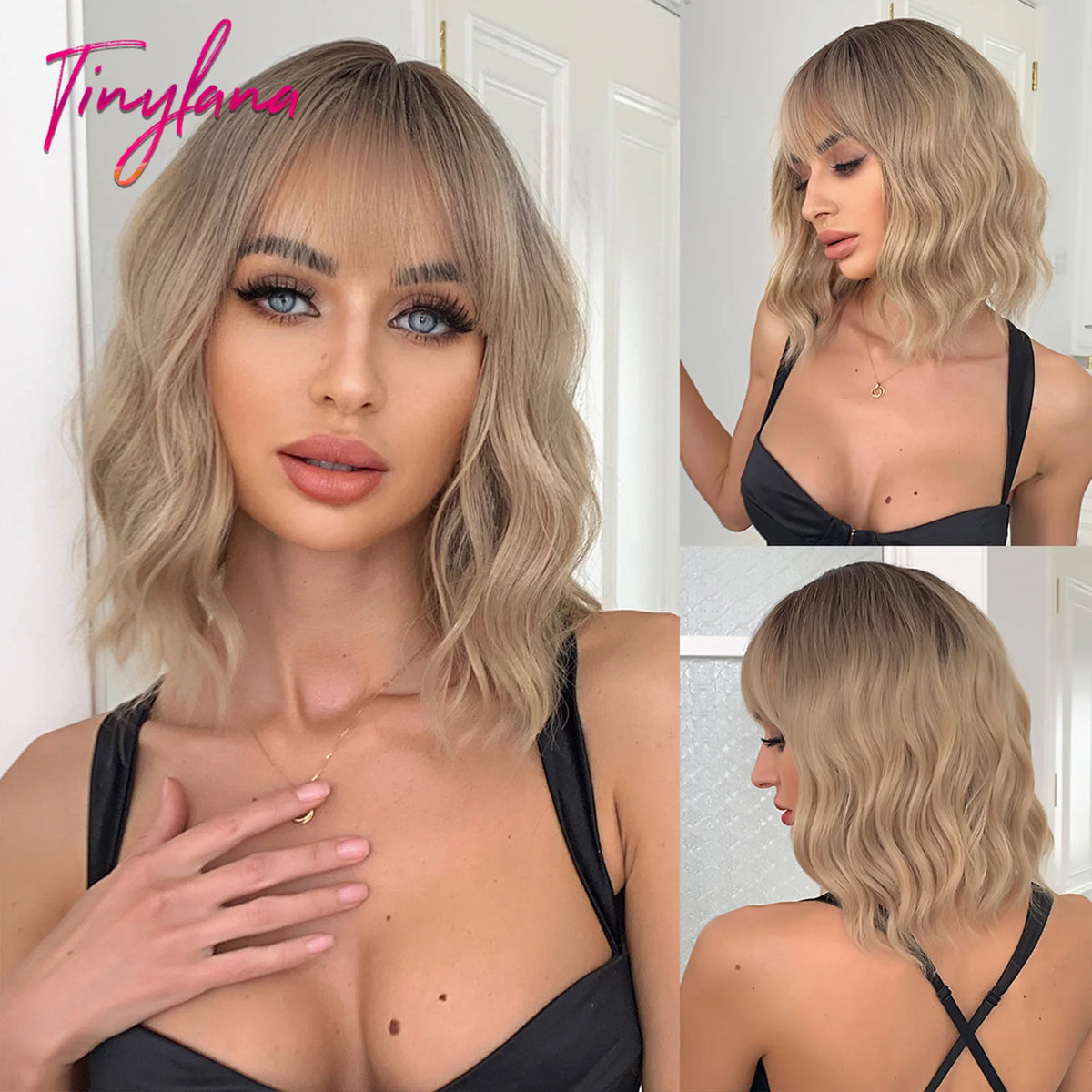 Curly Short Bob Brown Wavy Synthetic Wigs with Bangs Lolita Cosplay Brown Wig for Women Natural Daily Party Hair Heat Resistant