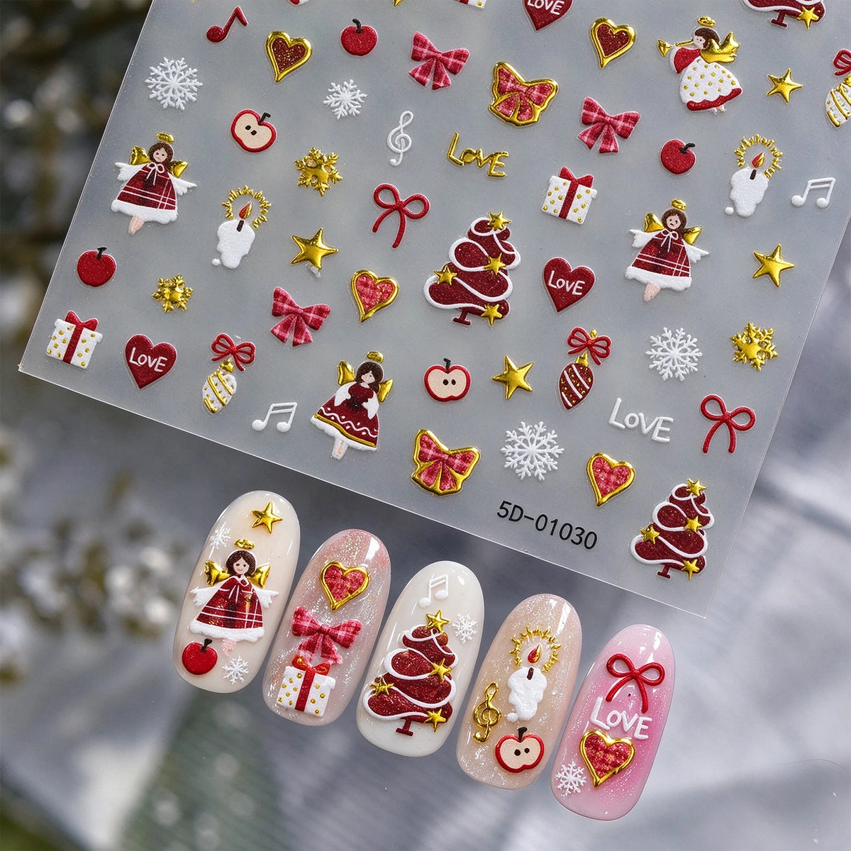 1pcs Gold-foiled Christmas Tree 5D Nail Stickers Bow Holly Snowflake Wreath Christmas Nail Decals Cartoon Merry Christmas Decora