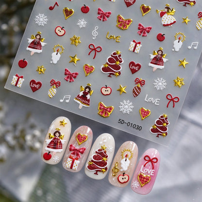 1pcs Gold-foiled Christmas Tree 5D Nail Stickers Bow Holly Snowflake Wreath Christmas Nail Decals Cartoon Merry Christmas Decora